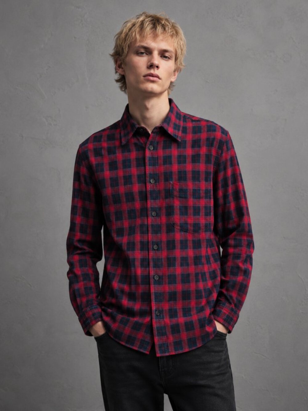 DIESEL Men’s L Red Navy Tartan Plaid Cotton Shirt Casual Button Up